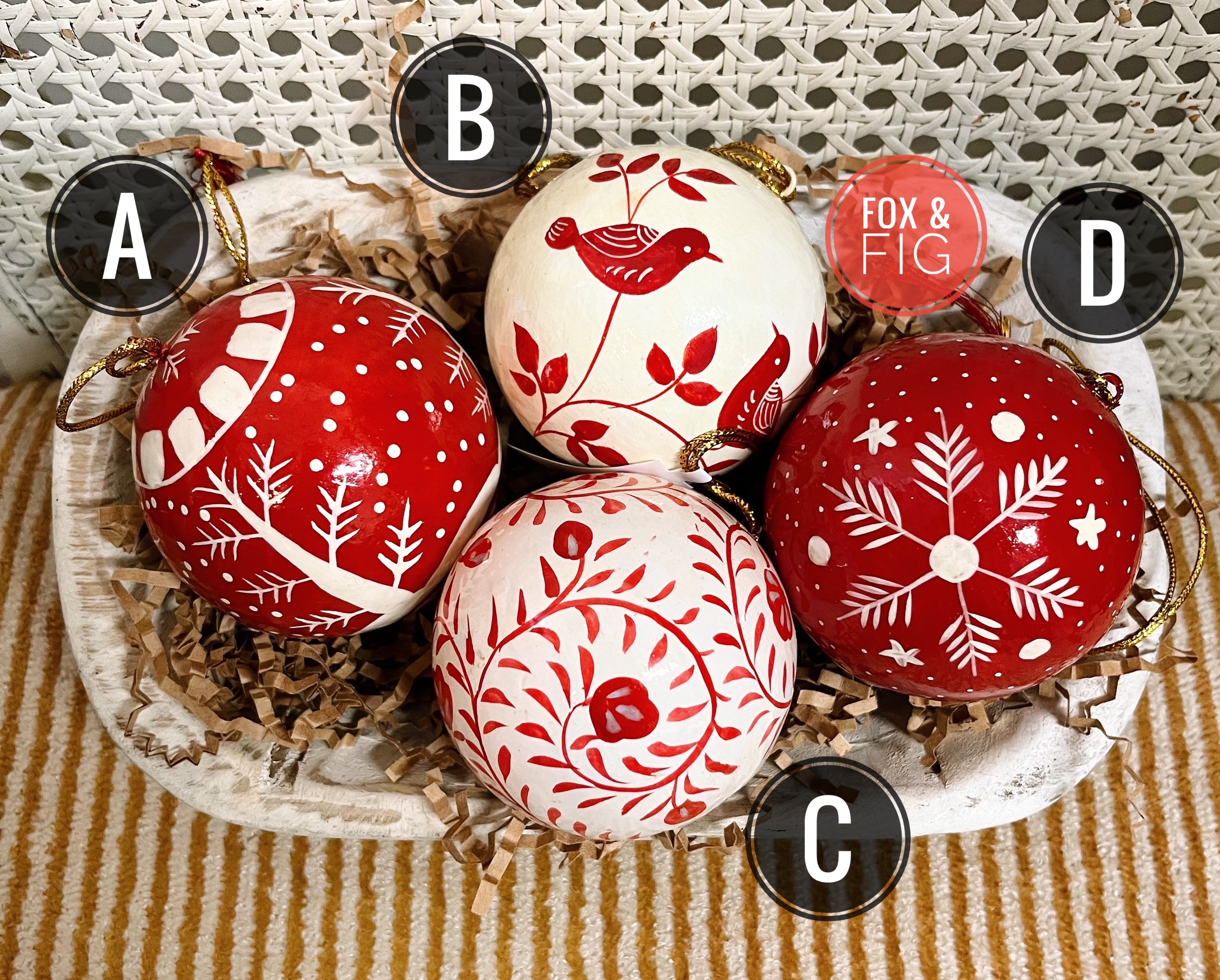 Red & White Hand-Painted Paper Mache Ball Ornaments ~ Various Styles