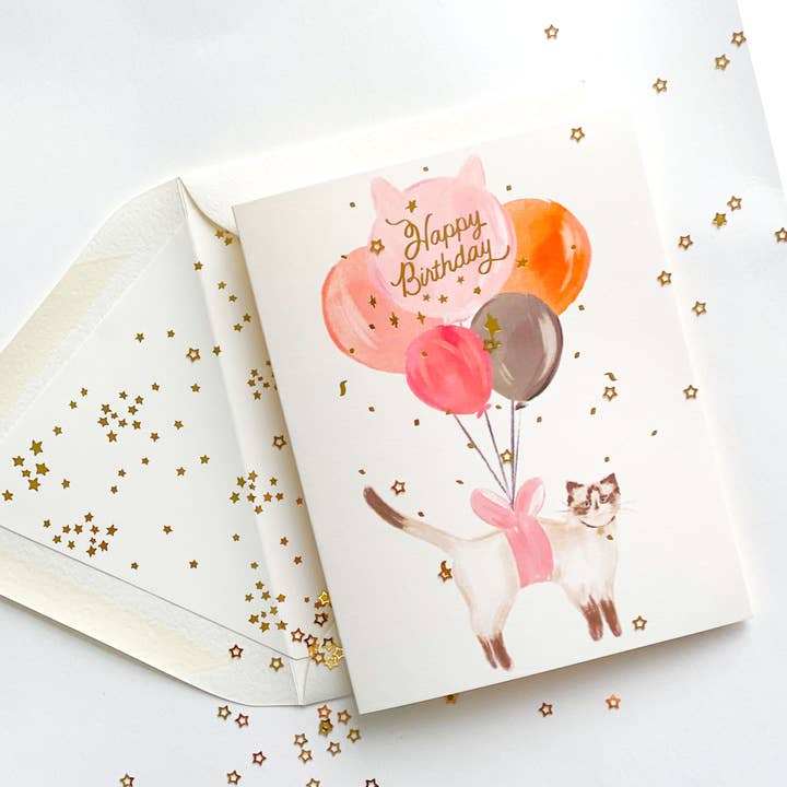 The First Snow Happy Birthday Cat Balloons Card