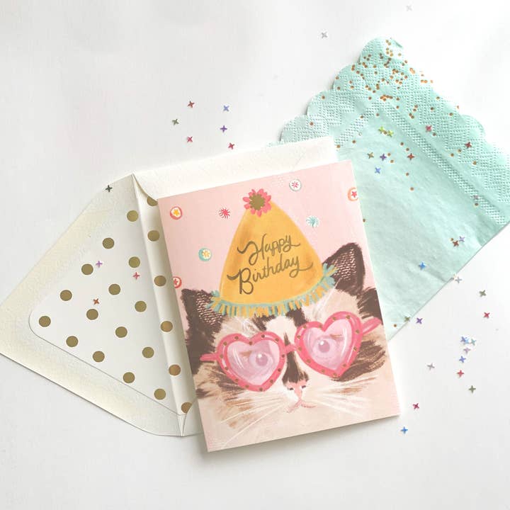 The First Snow Happy Birthday Cat with Heart Glasses