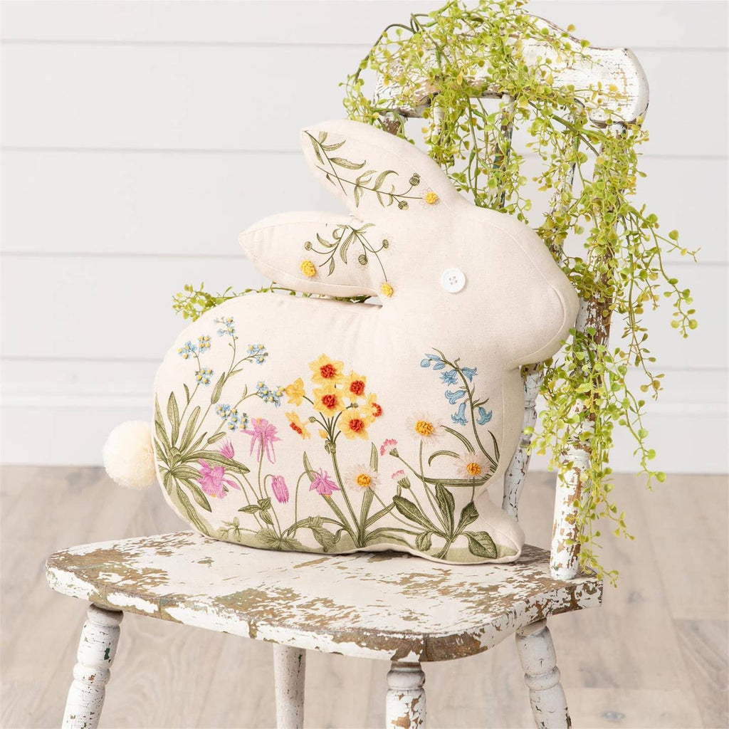 Embroidered Floral Rabbit Silhouette Pillow