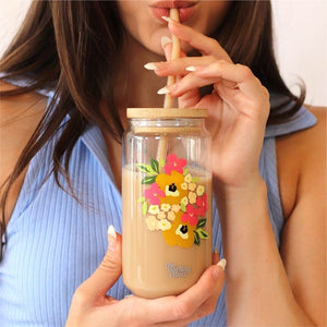 Iced Coffee Floral Glass Drinkware ~ Various Colors