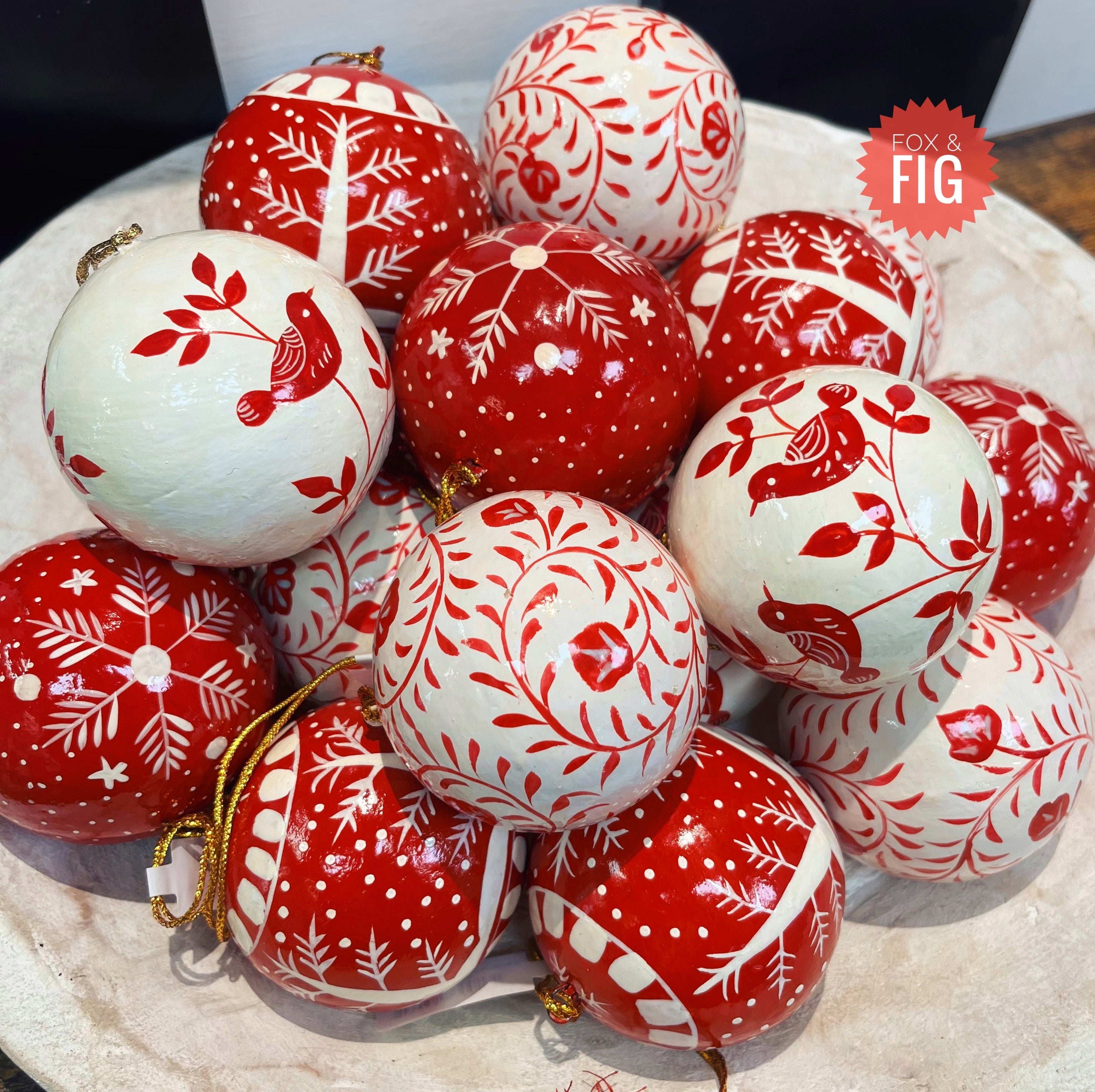 Red & White Hand-Painted Paper Mache Ball Ornaments ~ Various Styles
