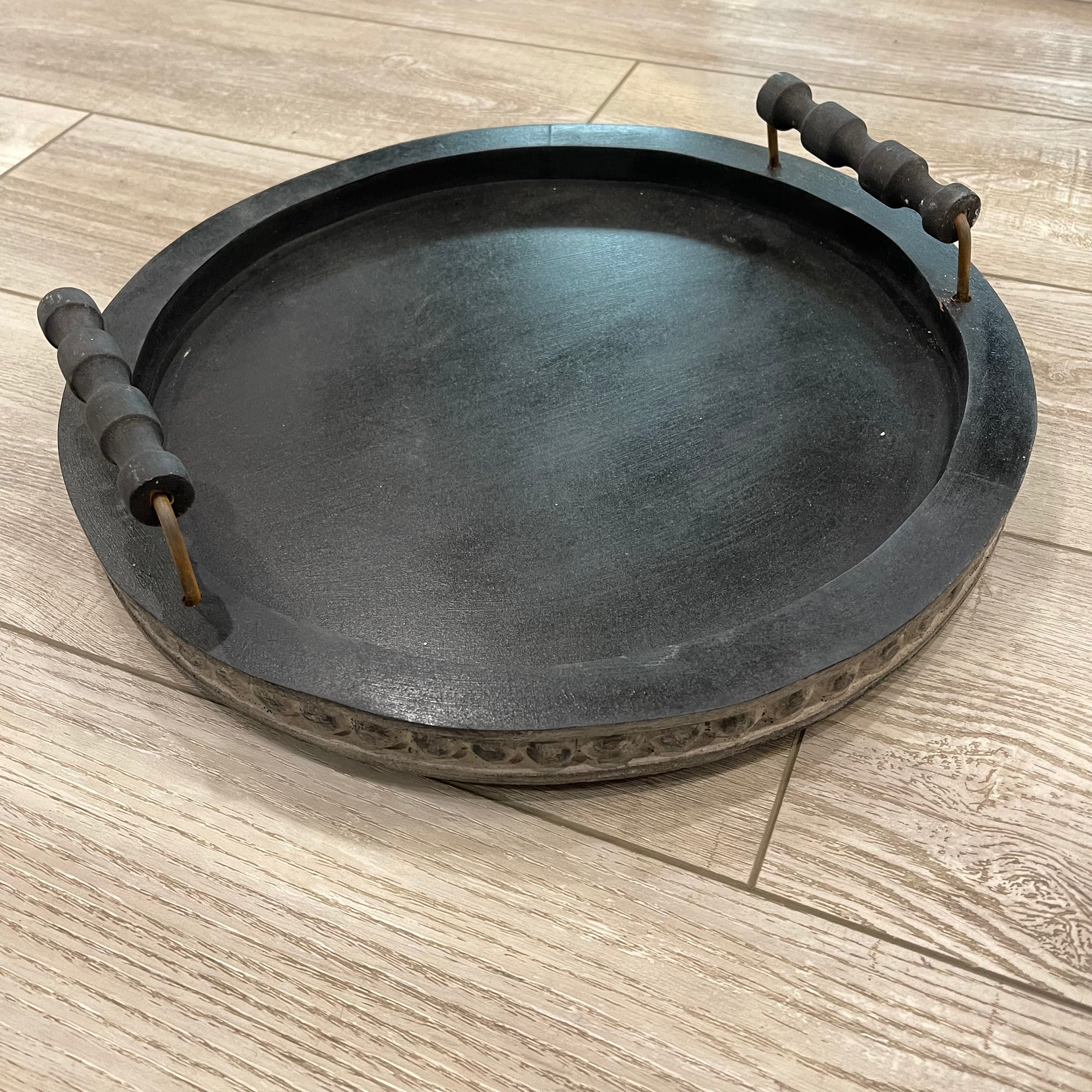 15" Beaded Wood Tray with Handles ~ Black