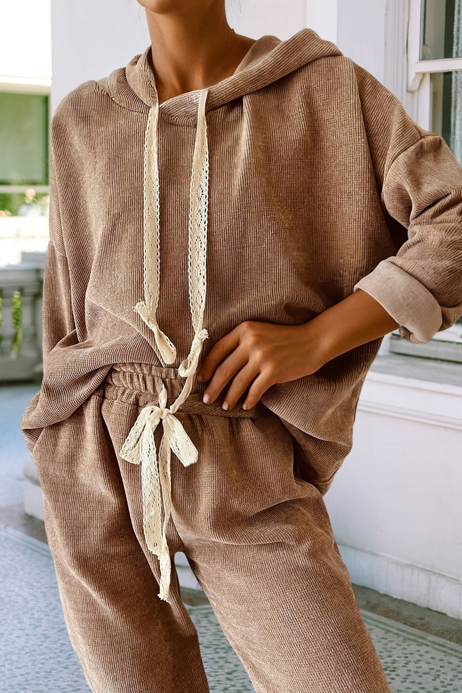 Lace Drawstring Pullover Hoodie & Pants Corduroy