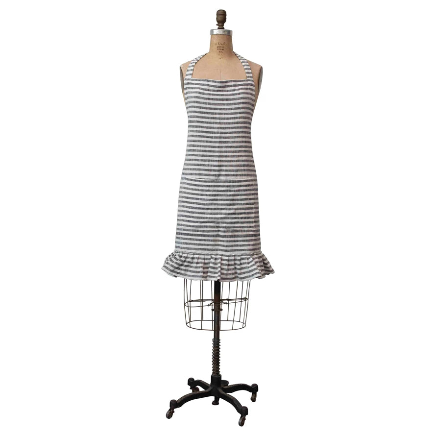 Woven Cotton Striped Apron with Ruffle