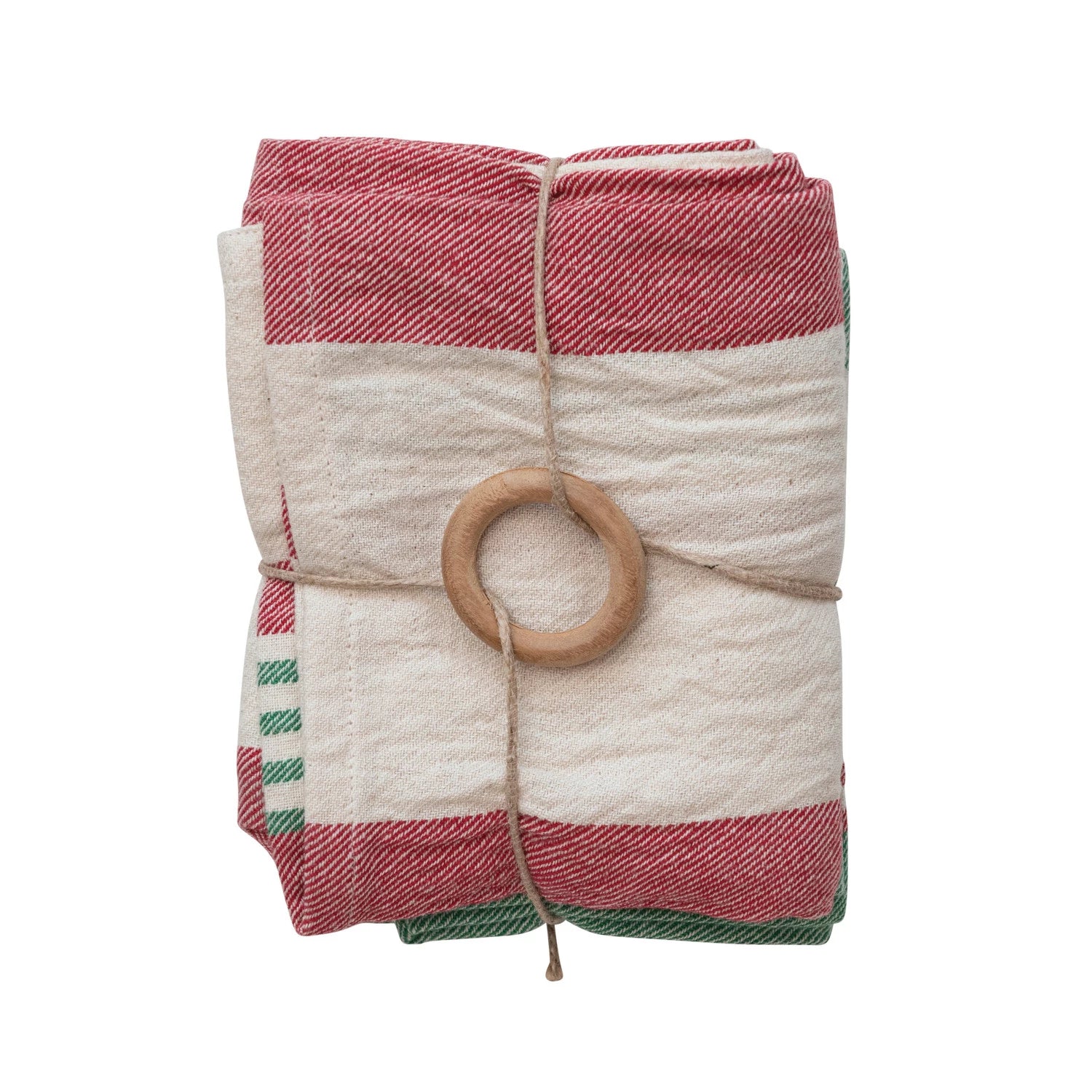 Cotton Printed Tea Towels w/ Stripes & Jute & Wood Bead Tie