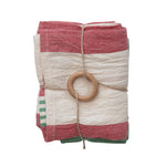 Cotton Printed Tea Towels w/ Stripes & Jute & Wood Bead Tie