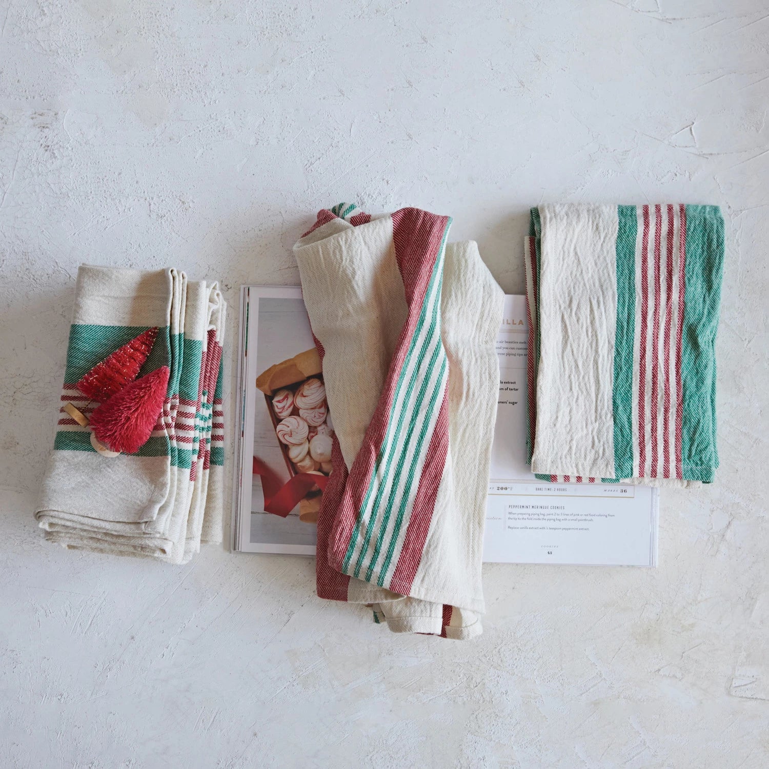 Cotton Printed Tea Towels w/ Stripes & Jute & Wood Bead Tie