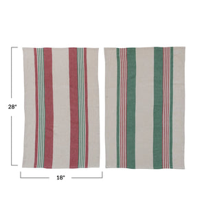 Cotton Printed Tea Towels w/ Stripes & Jute & Wood Bead Tie