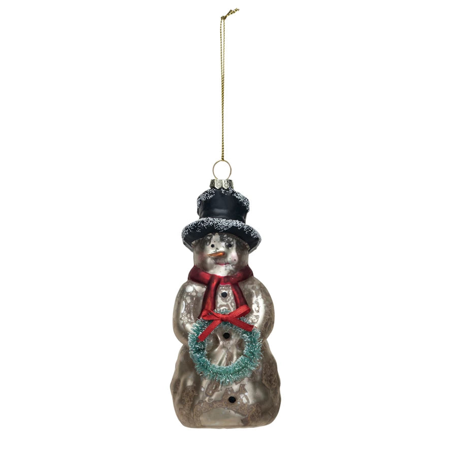 Mercury Glass Snowman Ornament with Wreath