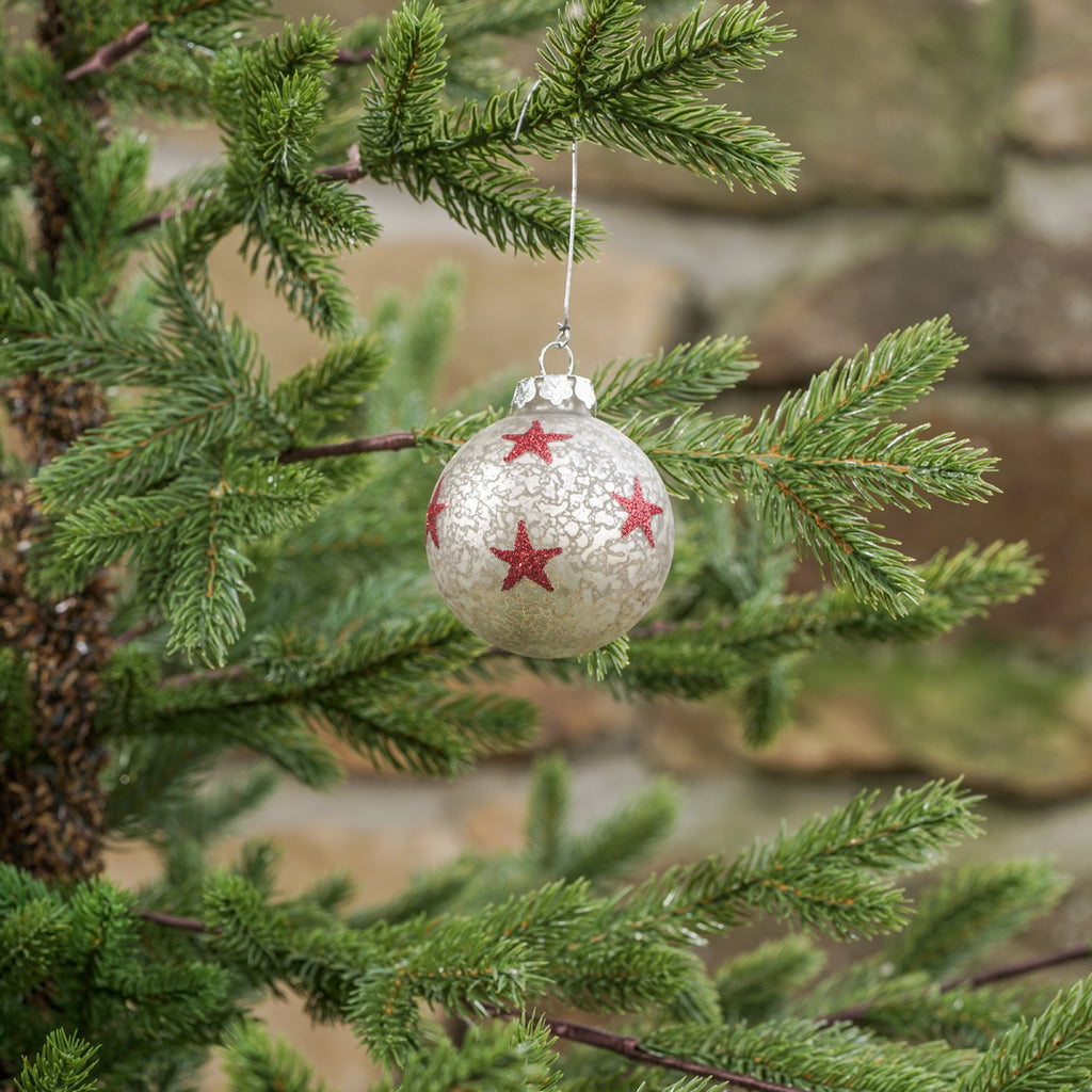 White Mercury Glass Ornament with Red Glitter Stars