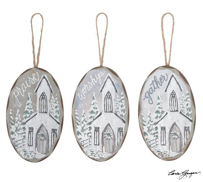 Oval Snowy Church Ornaments ~ Various Styles