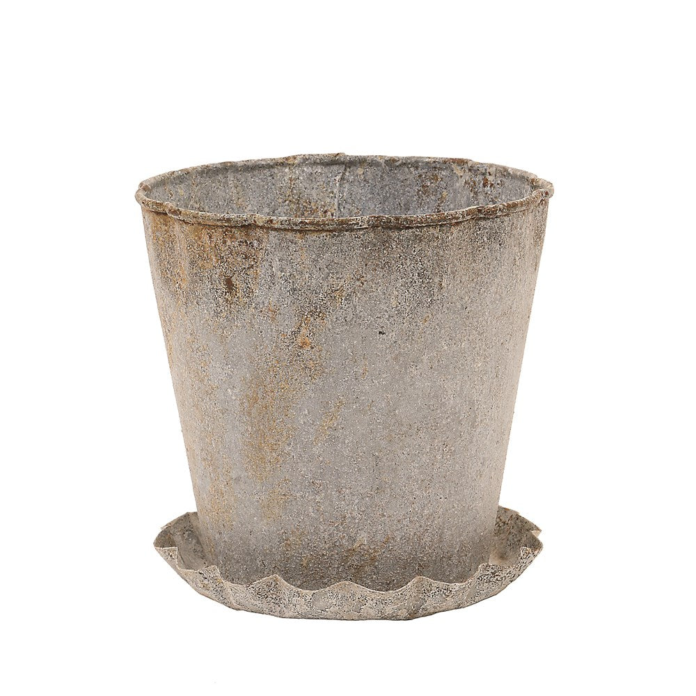 Distressed Zinc Metal Pot w/ Pleated Saucer