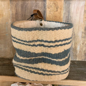 Cream & Blue Striped Jute Wall Baskets with Leather Loops ~ 2 Sizes