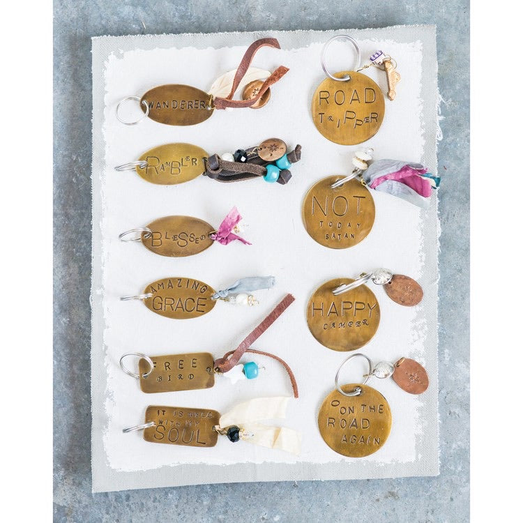 Hand Stamped Brass Keychains with Tassels & Keychains ~ 10’Styles