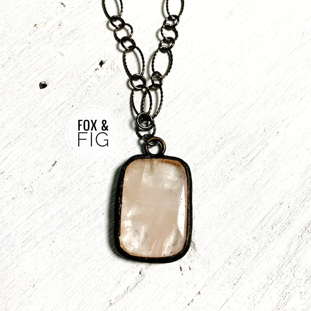 Hematite Chain Necklace with Soldered White Agate Pendant